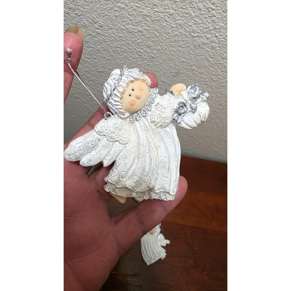 Set Of 3 Hand-Painted Ceramic Angel Christmas Ornaments Glitter Accents & Silver